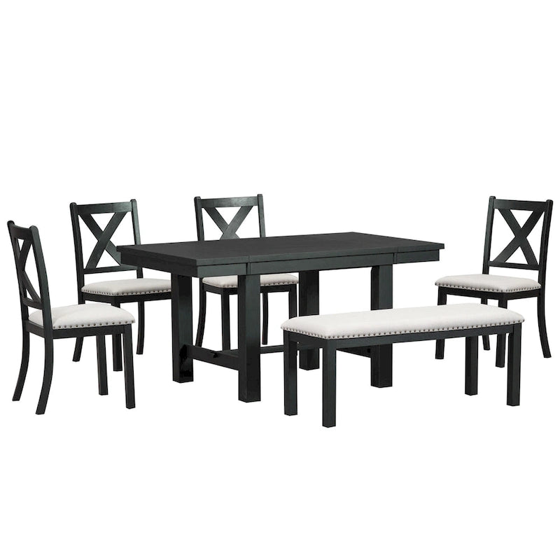 Set Tavolo da Pranzo Allungabile Rustico Naturale/Nero, 6 Posti (Tavolo + 4 Sedie + Panca)