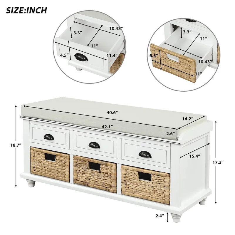 Panca Contenitore Rustica con Cassetti e Cesti in Rattan