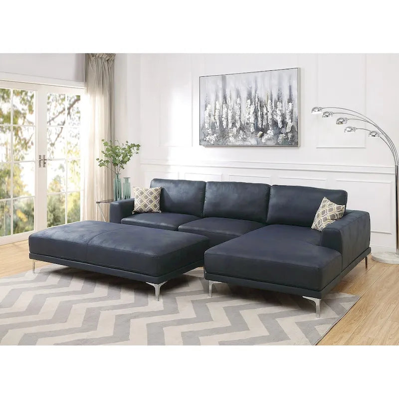 Divano componibile in similpelle grigio antico/blu inchiostro, 4 posti, gambe in metallo