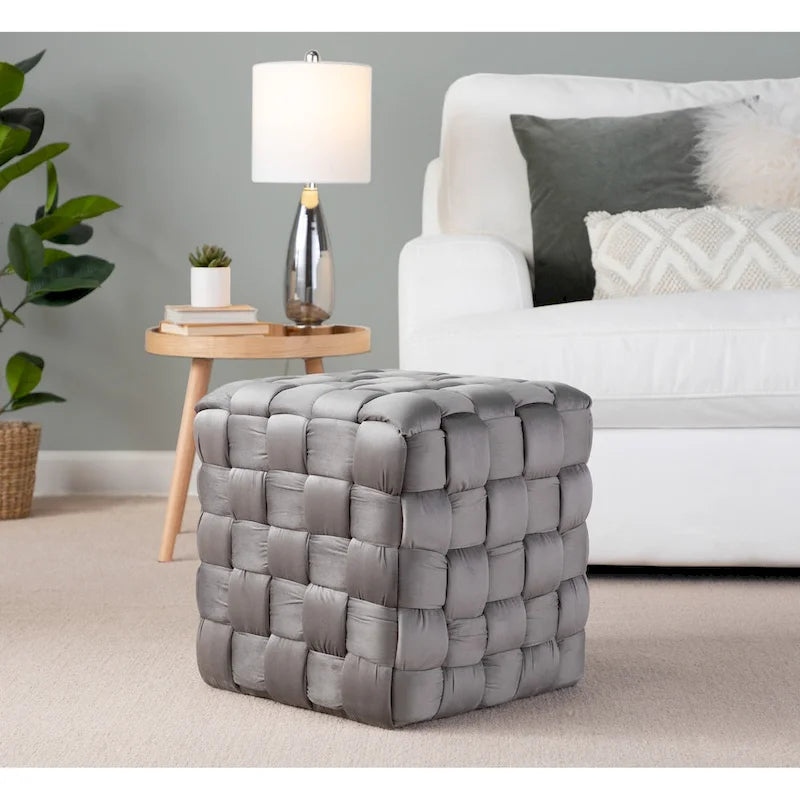 Pouf quadrato in velluto intrecciato stile Glam contemporaneo