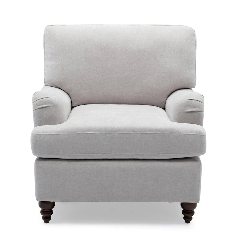 Poltrona singola con braccioli arrotolati, Tortora / Beige chiaro / Blu navy, Gambe in legno noce