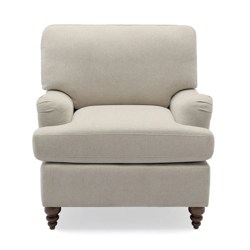 Poltrona singola con braccioli arrotolati, Tortora / Beige chiaro / Blu navy, Gambe in legno noce