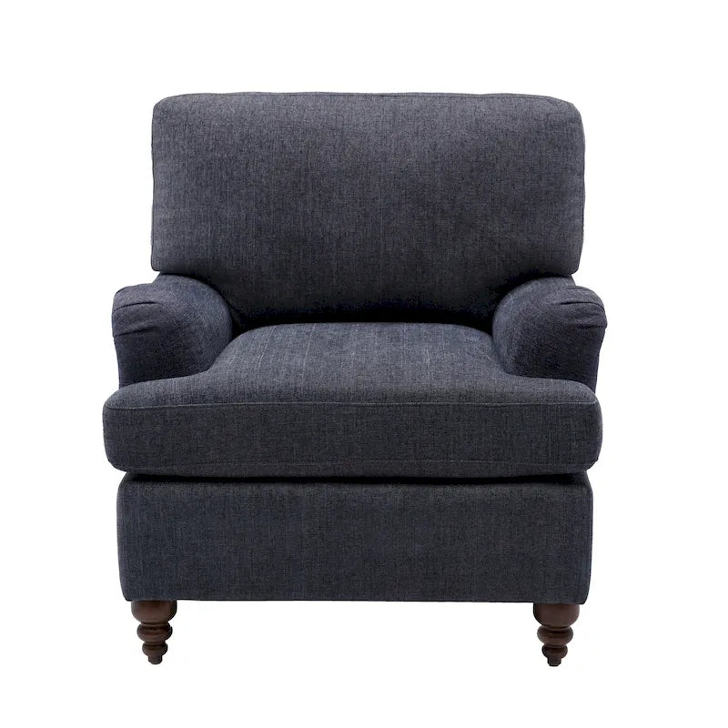Poltrona singola con braccioli arrotolati, Tortora / Beige chiaro / Blu navy, Gambe in legno noce
