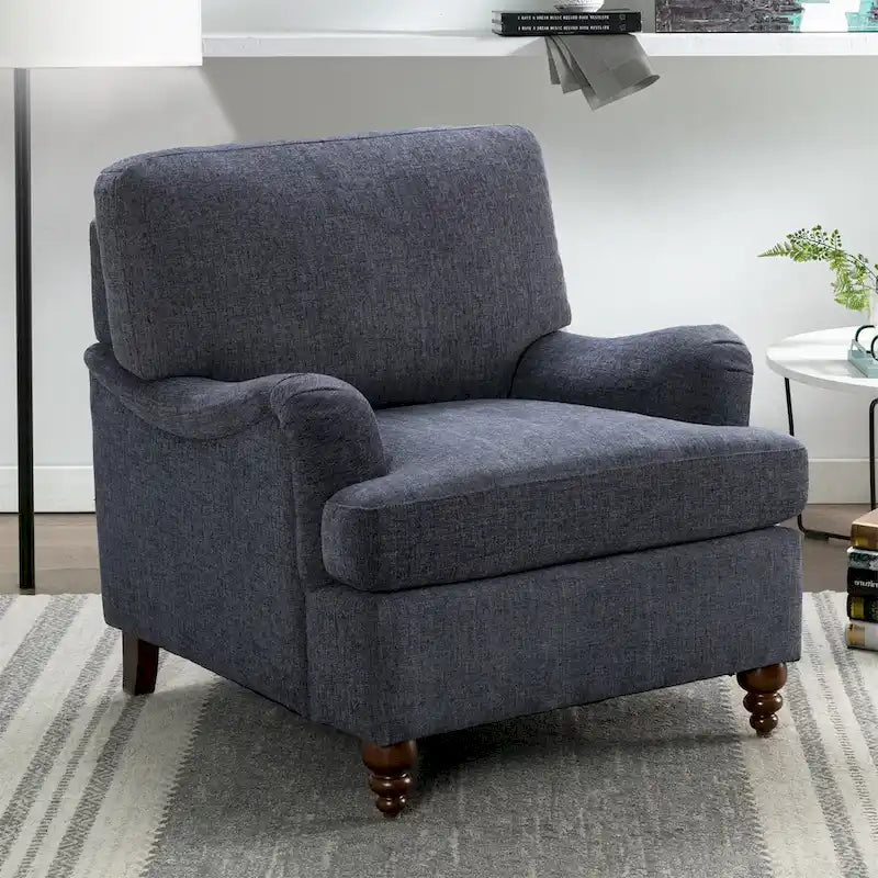 Poltrona singola con braccioli arrotolati, Tortora / Beige chiaro / Blu navy, Gambe in legno noce