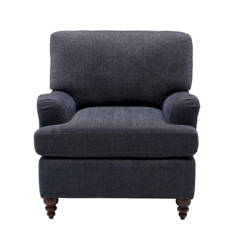 Poltrona singola con braccioli arrotolati, Tortora / Beige chiaro / Blu navy, Gambe in legno noce