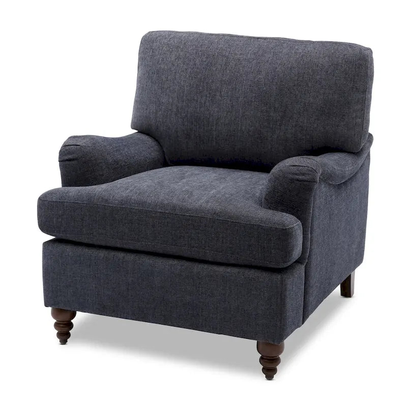Poltrona singola con braccioli arrotolati, Tortora / Beige chiaro / Blu navy, Gambe in legno noce