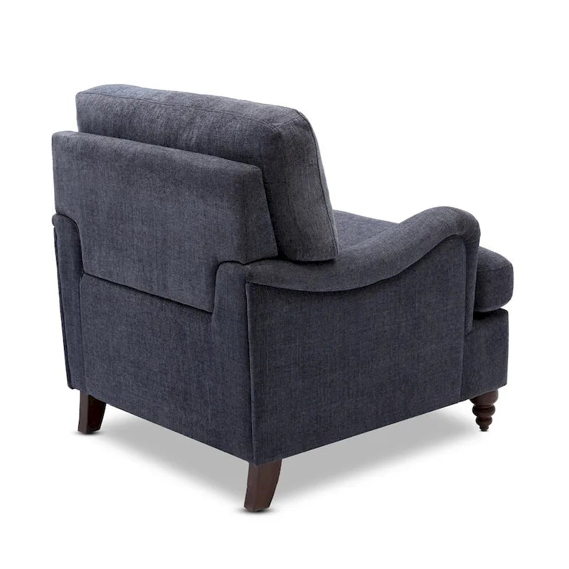 Poltrona singola con braccioli arrotolati, Tortora / Beige chiaro / Blu navy, Gambe in legno noce