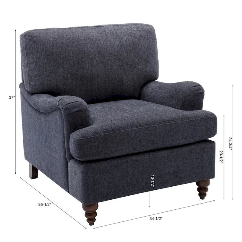Poltrona singola con braccioli arrotolati, Tortora / Beige chiaro / Blu navy, Gambe in legno noce