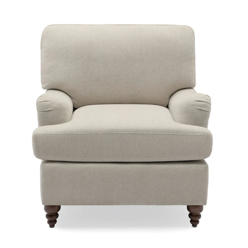 Poltrona singola con braccioli arrotolati, Tortora / Beige chiaro / Blu navy, Gambe in legno noce