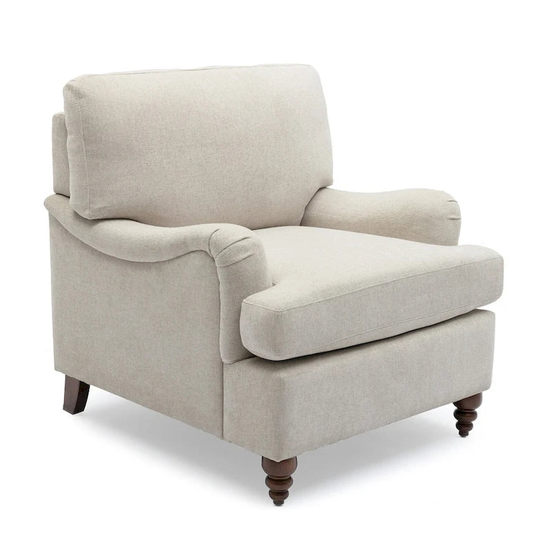 Poltrona singola con braccioli arrotolati, Tortora / Beige chiaro / Blu navy, Gambe in legno noce