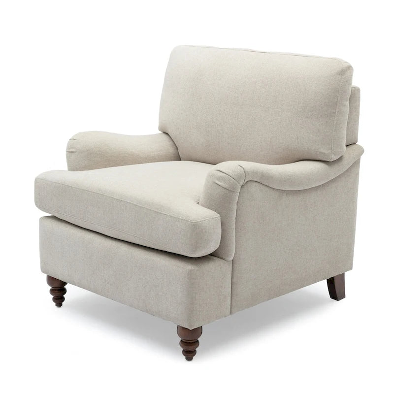 Poltrona singola con braccioli arrotolati, Tortora / Beige chiaro / Blu navy, Gambe in legno noce