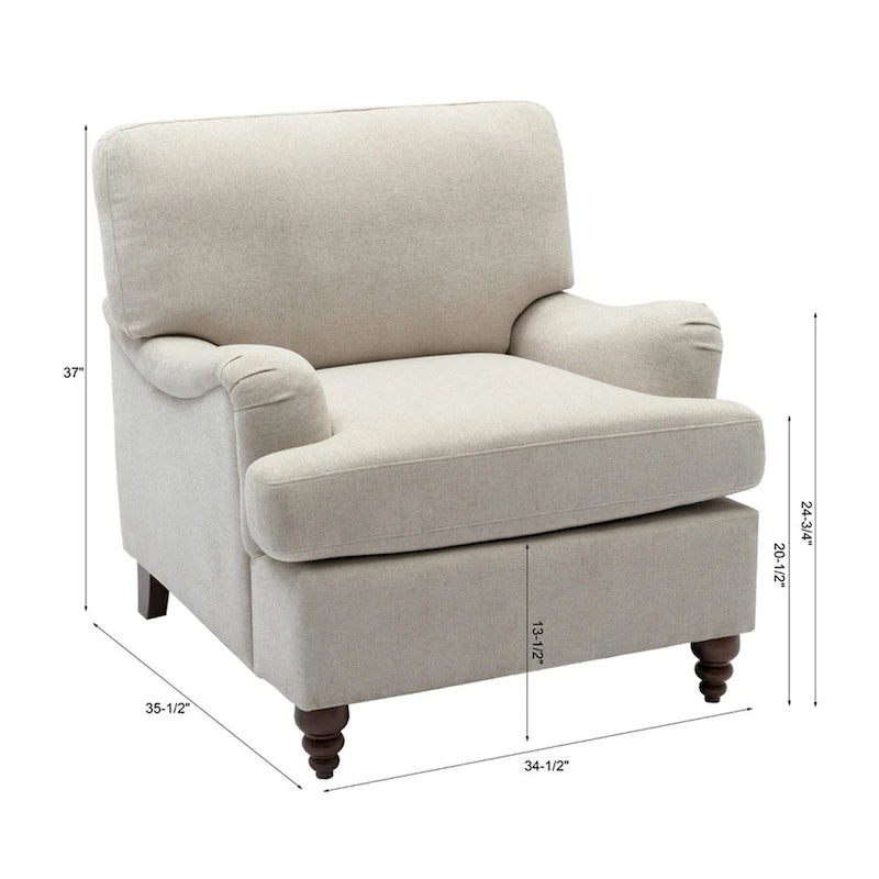 Poltrona singola con braccioli arrotolati, Tortora / Beige chiaro / Blu navy, Gambe in legno noce