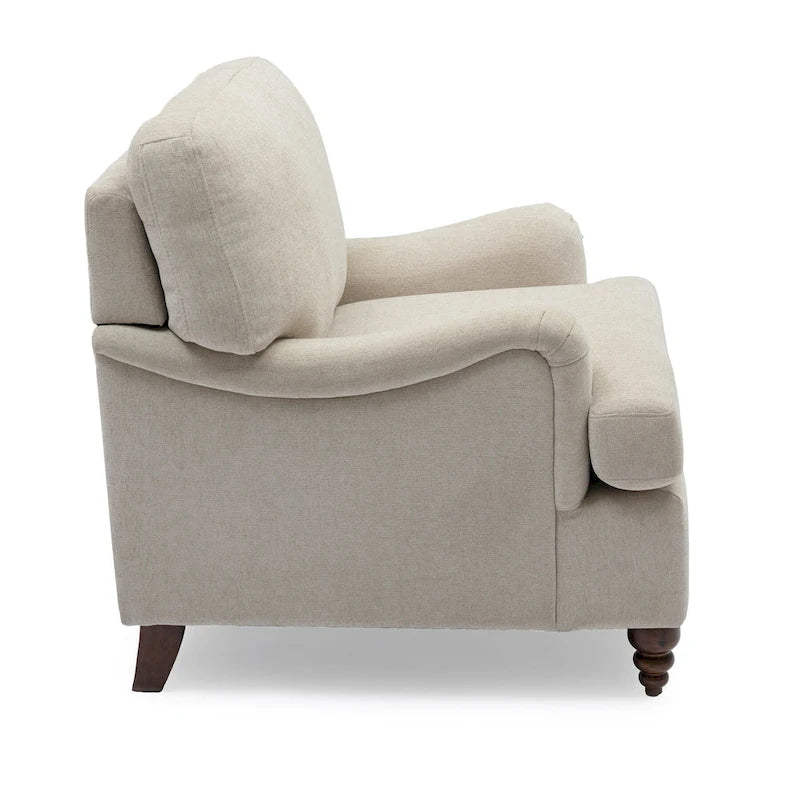 Poltrona singola con braccioli arrotolati, Tortora / Beige chiaro / Blu navy, Gambe in legno noce
