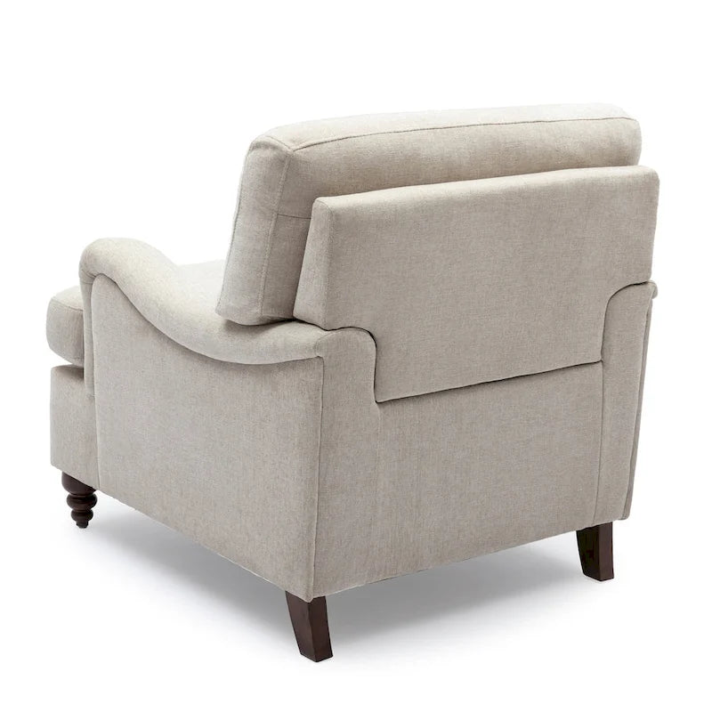 Poltrona singola con braccioli arrotolati, Tortora / Beige chiaro / Blu navy, Gambe in legno noce