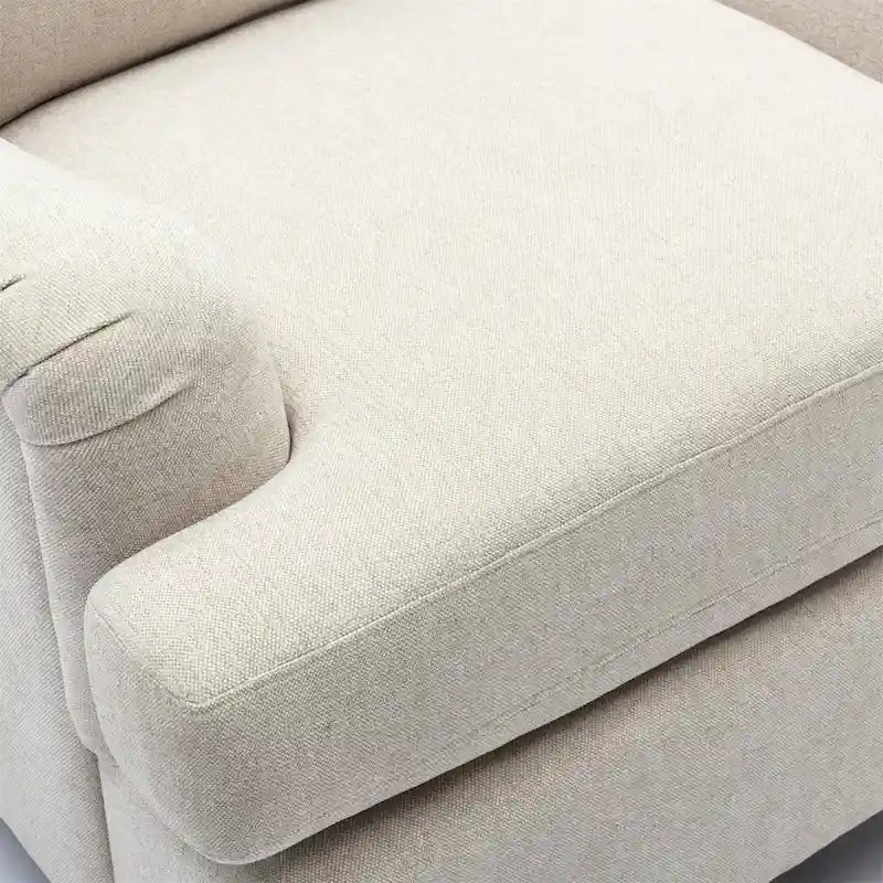 Poltrona singola con braccioli arrotolati, Tortora / Beige chiaro / Blu navy, Gambe in legno noce