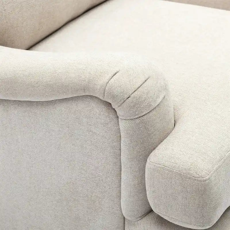 Poltrona singola con braccioli arrotolati, Tortora / Beige chiaro / Blu navy, Gambe in legno noce
