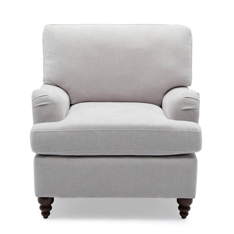 Poltrona singola con braccioli arrotolati, Tortora / Beige chiaro / Blu navy, Gambe in legno noce