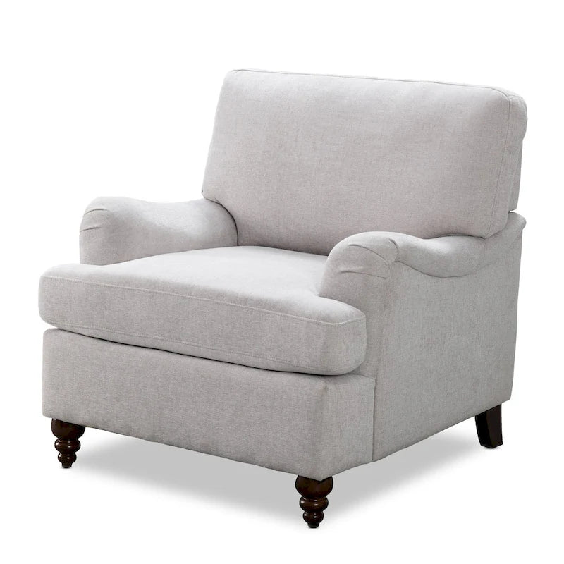 Poltrona singola con braccioli arrotolati, Tortora / Beige chiaro / Blu navy, Gambe in legno noce
