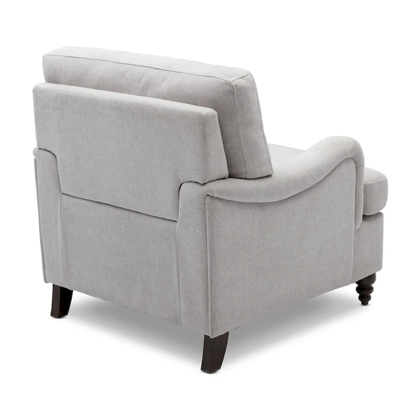Poltrona singola con braccioli arrotolati, Tortora / Beige chiaro / Blu navy, Gambe in legno noce