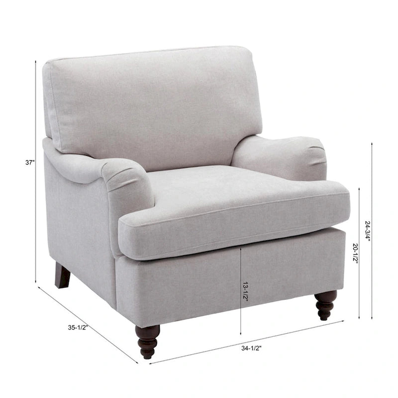 Poltrona singola con braccioli arrotolati, Tortora / Beige chiaro / Blu navy, Gambe in legno noce