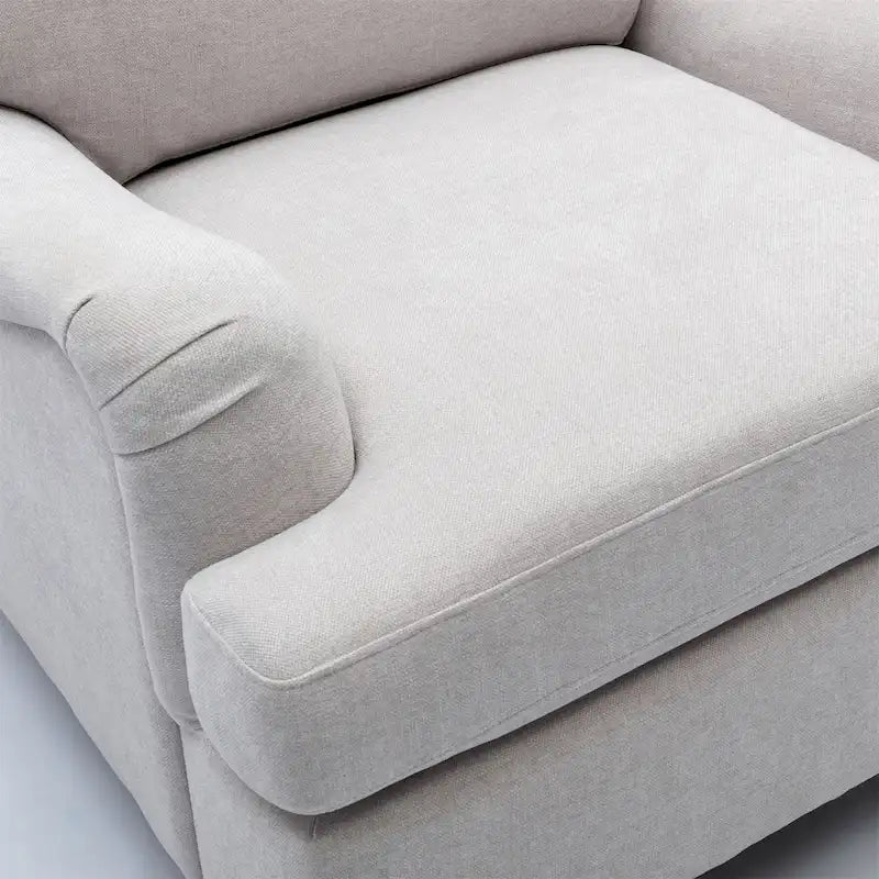 Poltrona singola con braccioli arrotolati, Tortora / Beige chiaro / Blu navy, Gambe in legno noce