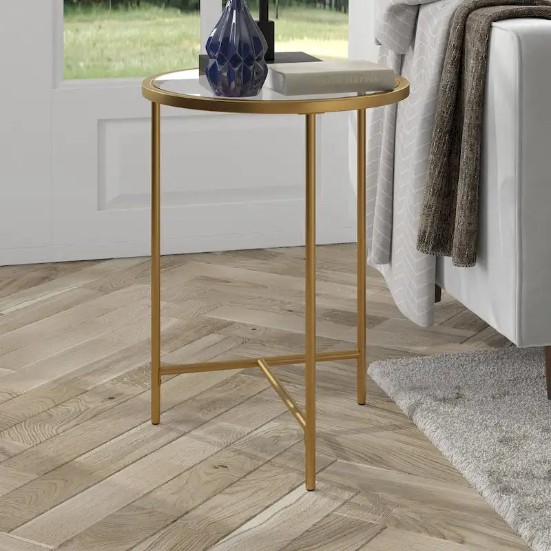 Tavolino rotondo con ripiano in vetro da 18", oro/bronzo brunito, base a 3 gambe in acciaio