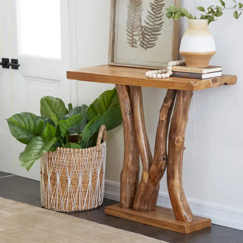 Tavolo Consolle in Legno di Teak con Bordo Naturale Ricavato da Tronco d'Albero di Piccole Dimensioni