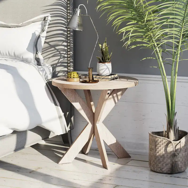 Tavolino rotondo con gambe incrociate e piano in legno grigio, 1 persona