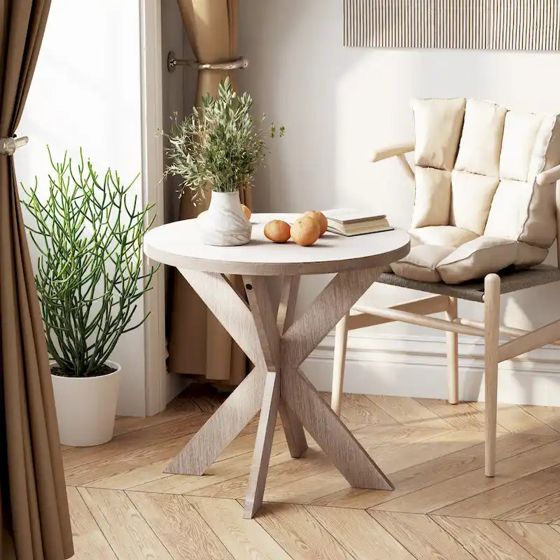 Tavolino rotondo con gambe incrociate e piano in legno grigio, 1 persona