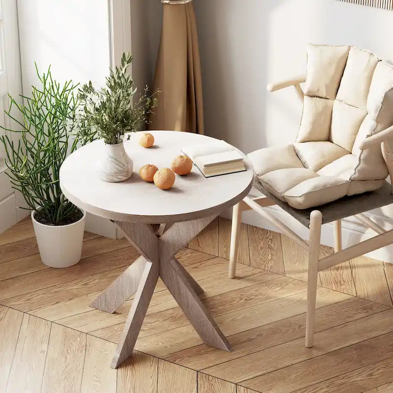 Tavolino rotondo con gambe incrociate e piano in legno grigio, 1 persona