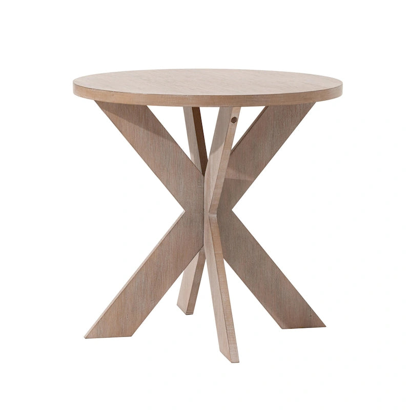 Tavolino rotondo con gambe incrociate e piano in legno grigio, 1 persona
