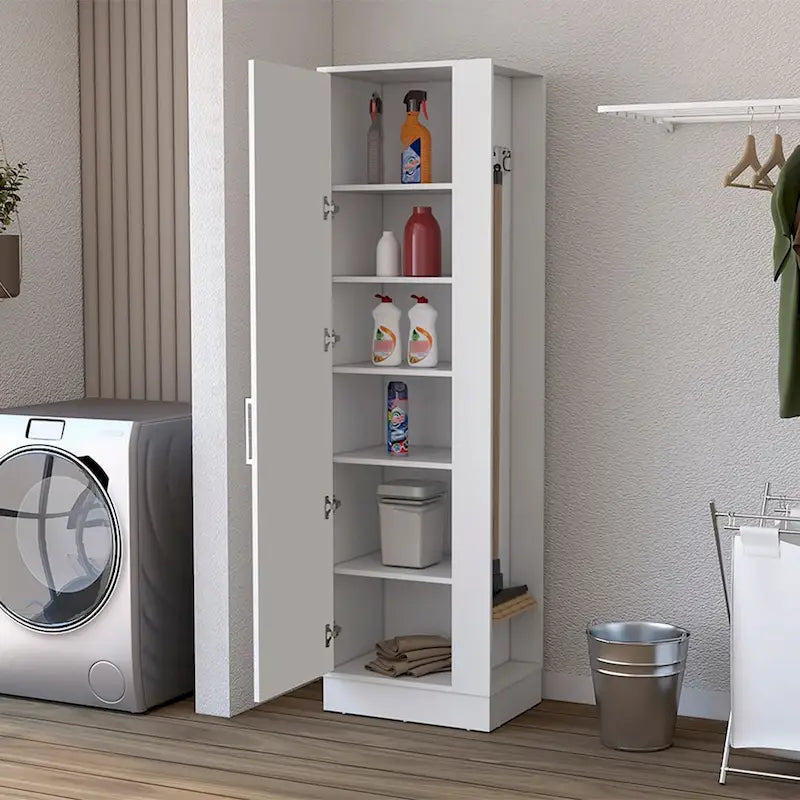 Armadio bianco alto 183 cm con 6 ripiani e anta singola, montaggio a 1 persona