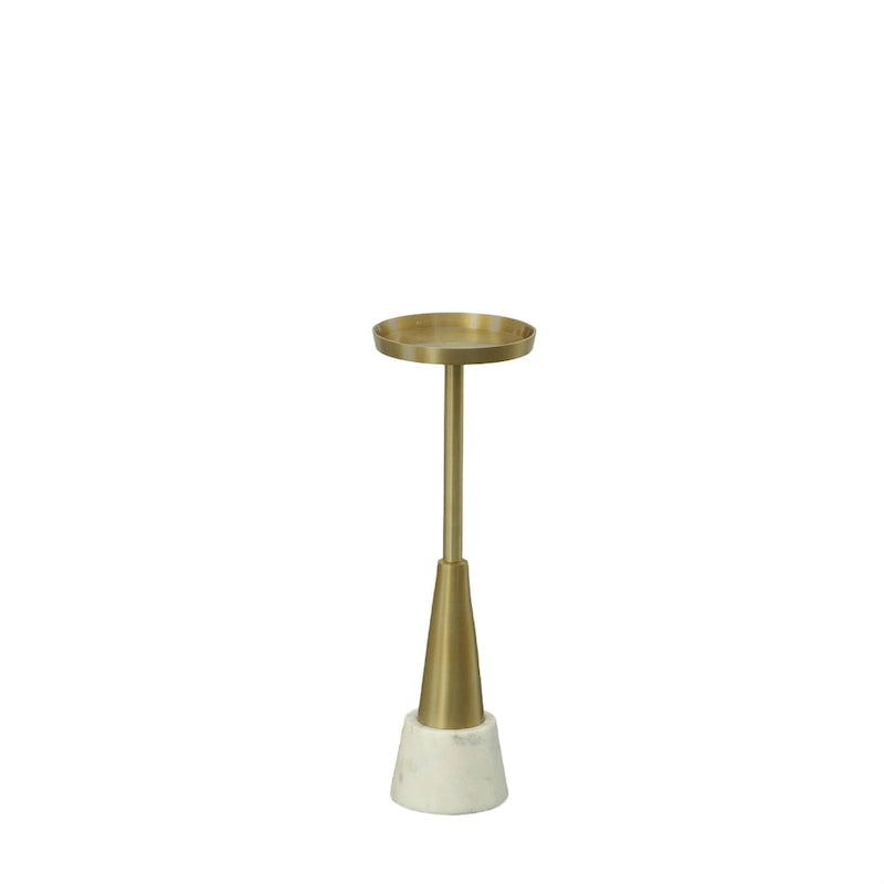 Tavolino rotondo portabevande oro e bianco – Piano in alluminio, base in marmo, 1 persona
