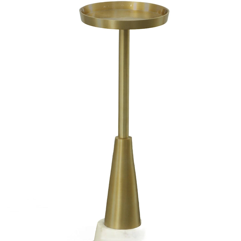 Tavolino rotondo portabevande oro e bianco – Piano in alluminio, base in marmo, 1 persona