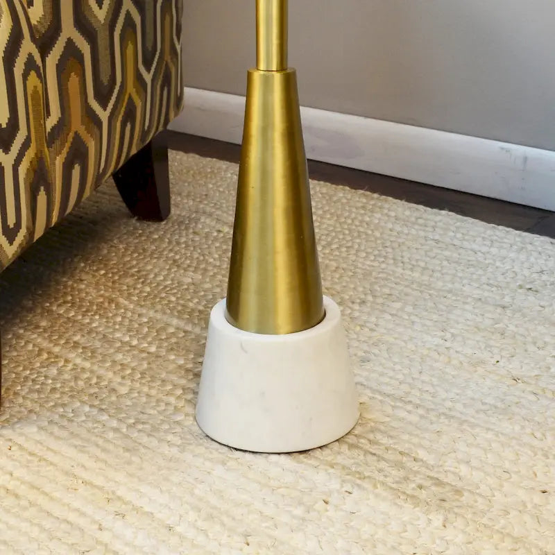 Tavolino rotondo portabevande oro e bianco – Piano in alluminio, base in marmo, 1 persona
