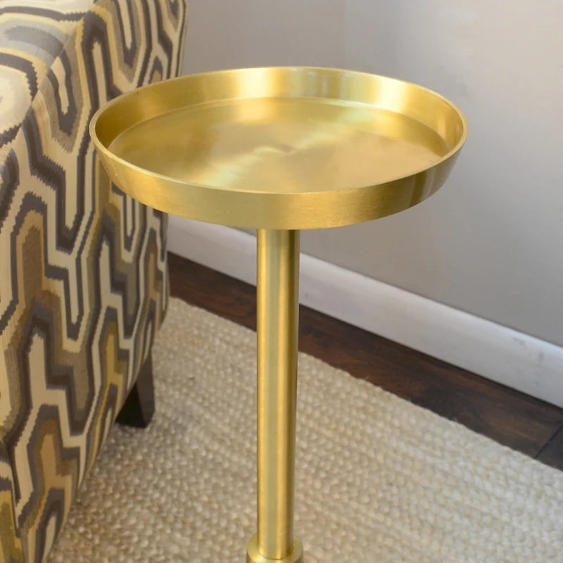 Tavolino rotondo portabevande oro e bianco – Piano in alluminio, base in marmo, 1 persona