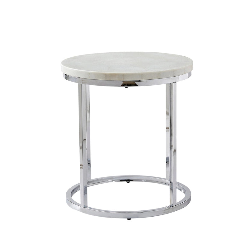 Tavolino rotondo in marmo bianco, base cromata, monouso