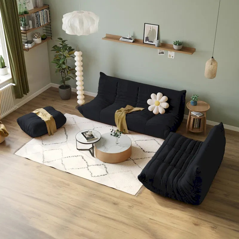 Divano da terra in tessuto Teddy nero – Singolo / Divanetto / 3 posti / Ottomana