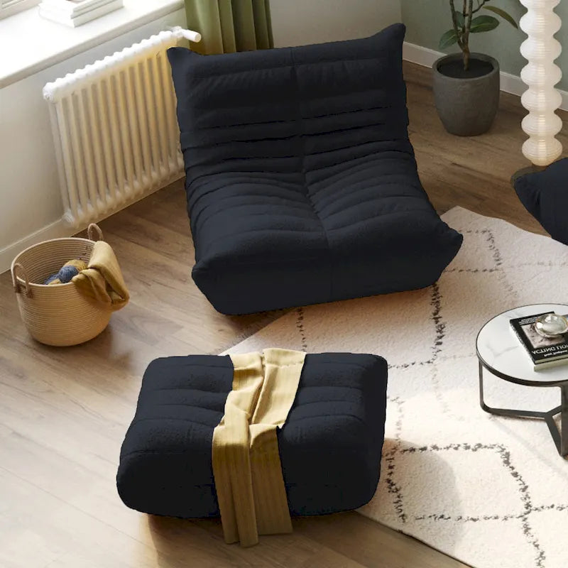 Divano da terra in tessuto Teddy nero – Singolo / Divanetto / 3 posti / Ottomana