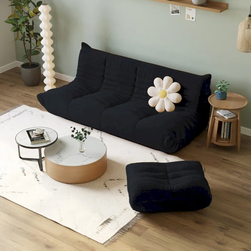 Divano da terra in tessuto Teddy nero – Singolo / Divanetto / 3 posti / Ottomana