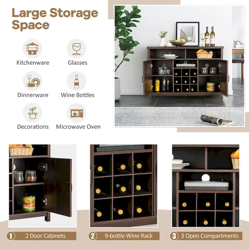 Credenza/Madia Marrone Scuro/Marrone Rustico con Portabottiglie e Armadietto a 2 Ante