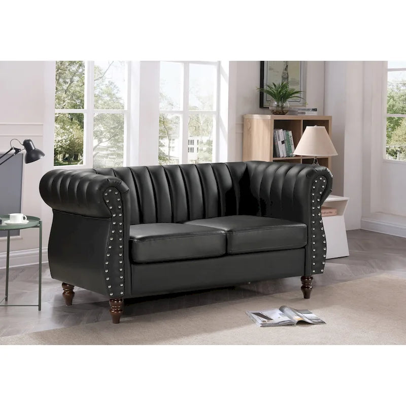 Divanetto Chesterfield a 2 posti in similpelle con braccioli arrotolati, Nero/Marrone/Bianco crema