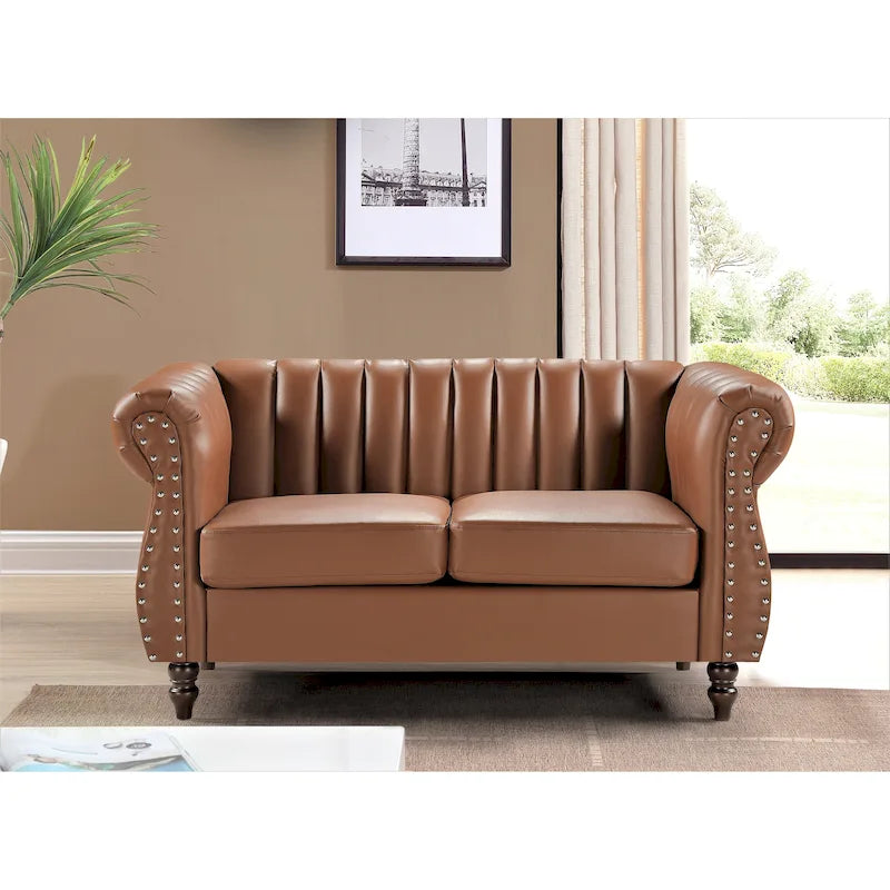 Divanetto Chesterfield a 2 posti in similpelle con braccioli arrotolati, Nero/Marrone/Bianco crema