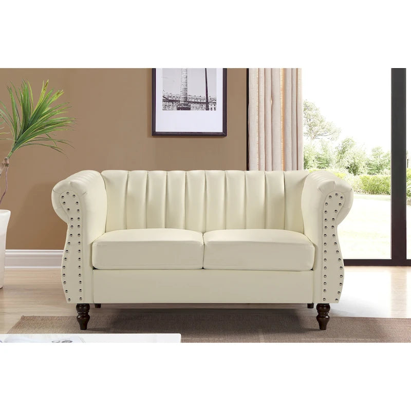 Divanetto Chesterfield a 2 posti in similpelle con braccioli arrotolati, Nero/Marrone/Bianco crema