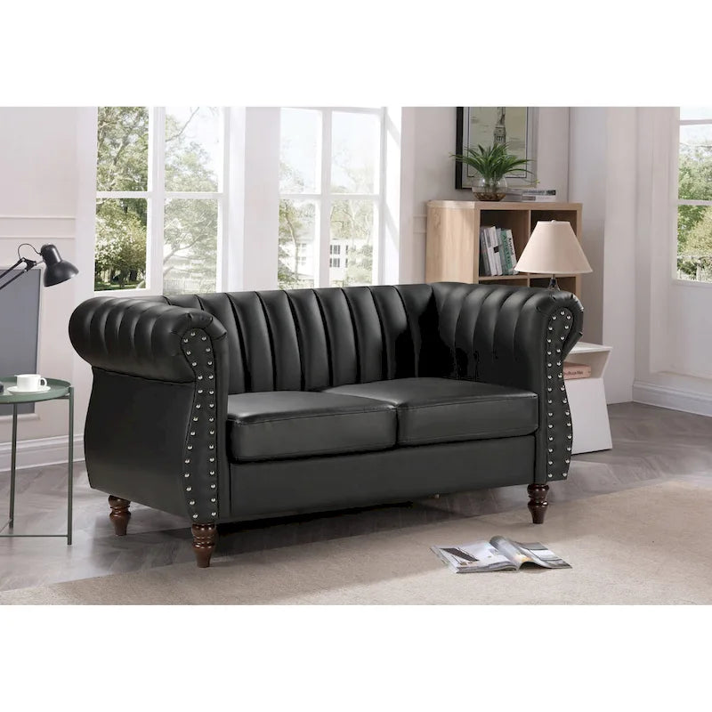 Divanetto Chesterfield a 2 posti in similpelle con braccioli arrotolati, Nero/Marrone/Bianco crema