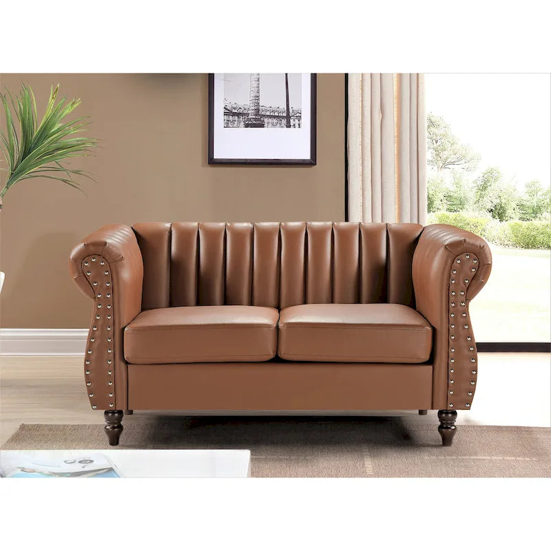 Divanetto Chesterfield a 2 posti in similpelle con braccioli arrotolati, Nero/Marrone/Bianco crema