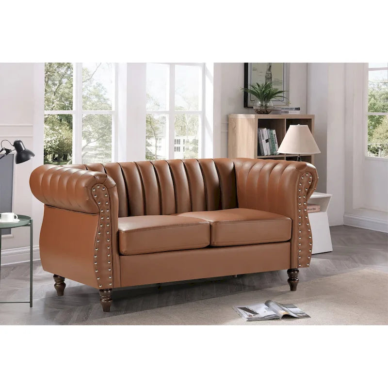 Divanetto Chesterfield a 2 posti in similpelle con braccioli arrotolati, Nero/Marrone/Bianco crema