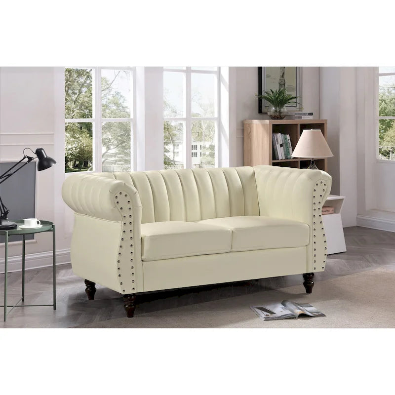 Divanetto Chesterfield a 2 posti in similpelle con braccioli arrotolati, Nero/Marrone/Bianco crema