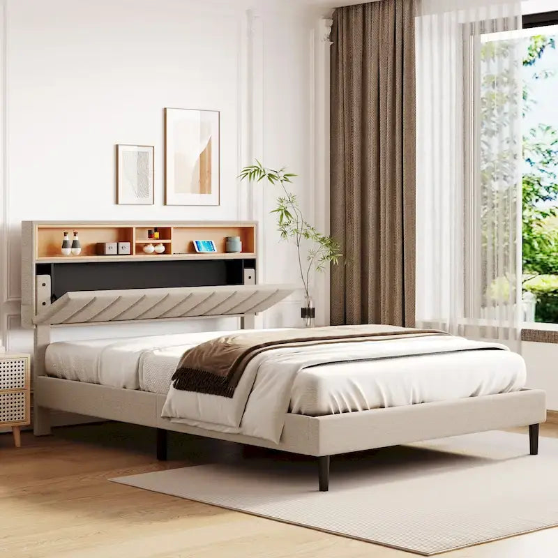 Letto a piattaforma imbottito beige/grigio con testiera contenitore – Matrimoniale/Una piazza e mezza, 1-2 persone