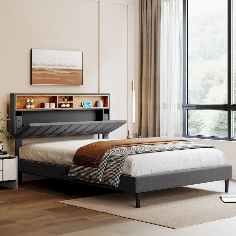 Letto a piattaforma imbottito beige/grigio con testiera contenitore – Matrimoniale/Una piazza e mezza, 1-2 persone